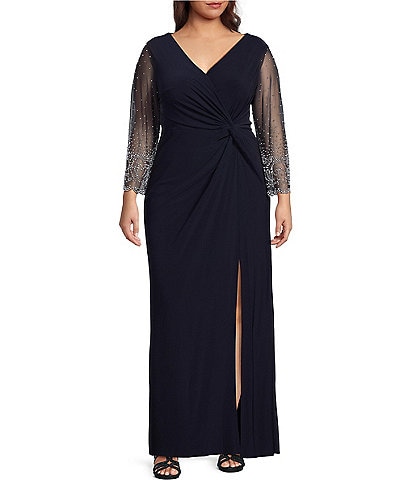 Alex Evenings Plus Size 3/4 Embellished Illusion Sleeve V-Neck Front Slit Gown