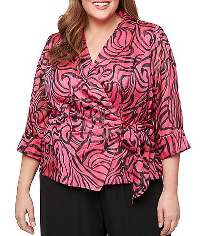 Alex Evenings Plus Size 3/4 Sleeve Collared Neck Tie Waist Printed Blouse