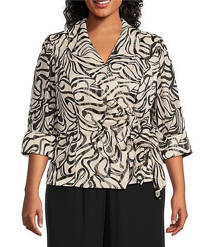 Alex Evenings Plus Size 3/4 Sleeve Collared Neck Tie Waist Printed Blouse