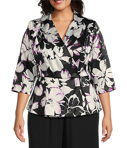 Alex Evenings Plus Size 3/4 Sleeve Collared V-Neck Floral Blouse