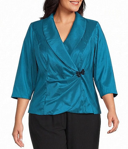 Alex Evenings Plus Size 3/4 Sleeve Collared V-Neck Taffeta Blouse