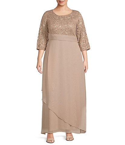 Alex Evenings Plus Size 3/4 Sleeve Crew Neck Overlay Skirt Sequin Lace Empire Waist Gown