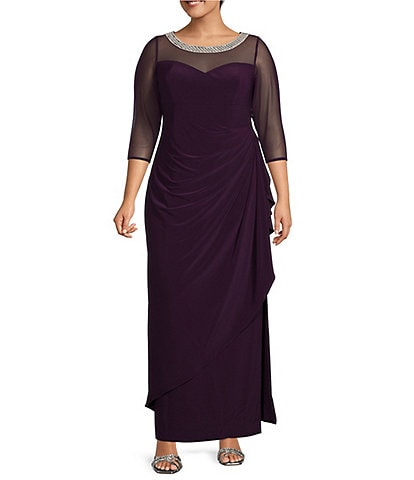 Alex Evenings Plus Size 3/4 Sleeve Illusion Sweetheart Neck Side Slit Ruched Gown