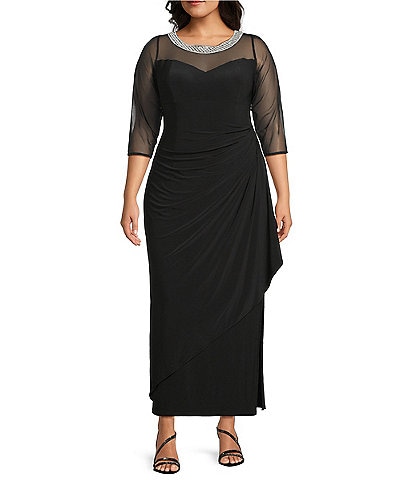 Alex Evenings Plus Size 3/4 Sleeve Illusion Sweetheart Neck Side Slit Ruched Gown