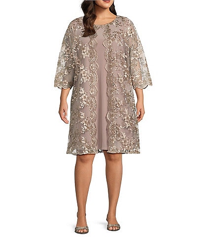 Ignite Evenings Plus Size Glitter Knit Popover Crew Neck Beaded Shoulder  3/4 Elbow Sleeve Dress