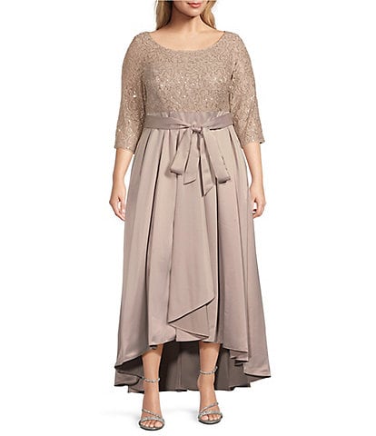 Alex Evenings Plus Size 3/4 Sleeve Scoop Neck Tie Belt Satin And Lace High/Low Dress