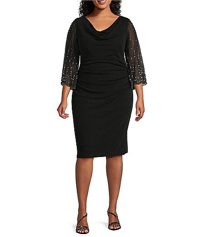 Alex Evenings Plus Size Cowl Neck 3/4 Beaded Illusion Sleeve Metallic Knit Sheath Dress
