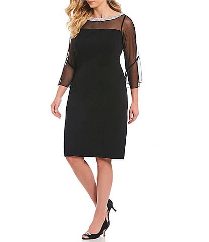 Alex Evenings Plus Size Crepe Beaded Illusion Boat Neck  3/4 Bell Sleeves Cocktail Sheath Dress