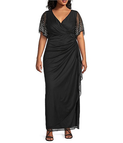 Alex Evenings Plus Size Embellished Short Flutter Sleeve V-Neck Ruched Waist Empire Waist Gown