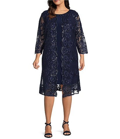 Alex Evenings Plus Size Embroidered Sequin Scoop Neck 3/4 Sleeve Jacket Dress