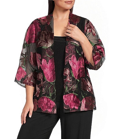 Alex Evenings Plus Size Floral Embroidered 3/4 Sleeve Open Front Twinset