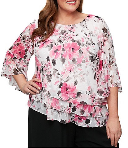 Alex Evenings Plus Size Floral Print 3/4 Sleeve Blouse