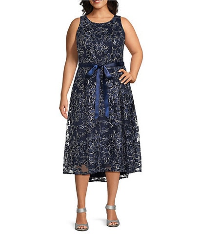 Alex Evenings Plus Size Floral Printed Stretch Tulle Sleeveless Scoop Neck High-Low Tie Waist Fit and Flare Dress