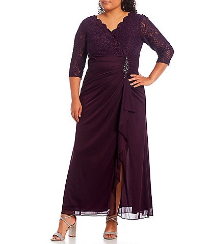Alex Evenings Plus Size Lace Bodice Ruched Empire Waist Scallop Surplice V-Neck 3/4 Sleeve Gown
