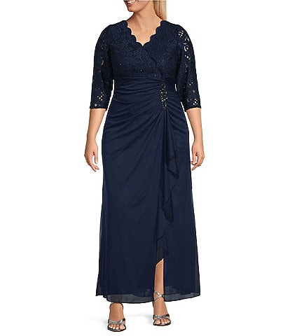 Alex Evenings Plus Size Lace Bodice Ruched Empire Waist  Scallop Surplice V-Neck 3/4 Sleeve Gown