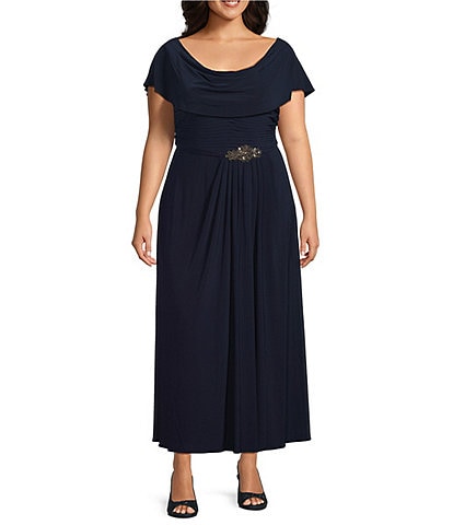 Alex Evenings Plus Size Matte Jersey Cowl Neck Cap Sleeve Pleated Embellished Side Detail Long Gown