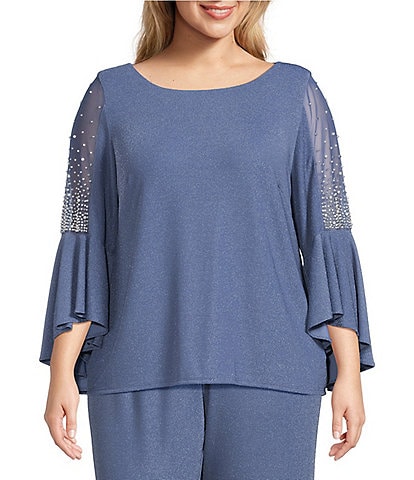 Alex Evenings Plus Size Metallic Knit Pearl Trim Illusion Bell Sleeve Blouse
