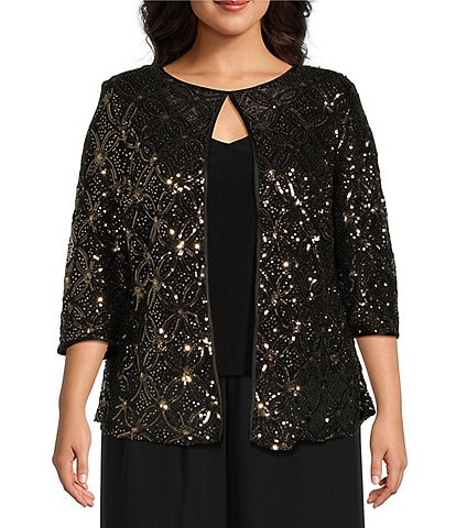 Alex Evenings Plus Size Sequin Scoop Neck 3/4 Sleeves 2-Piece Twinset