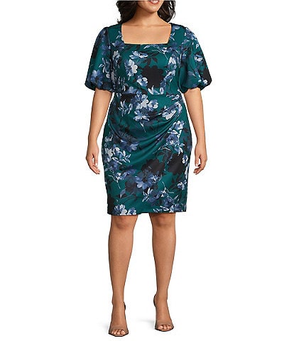 Alex Evenings Plus Size Short Puff Sleeve Square Neck Floral Dress