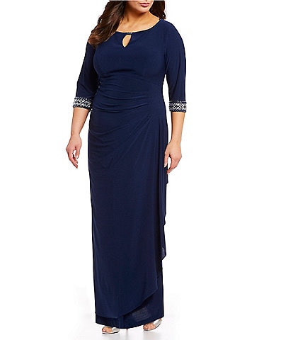 Alex Evenings Plus Size Side Round Keyhole Neck 3/4 Sleeve Ruched Embellished Cuff Gown