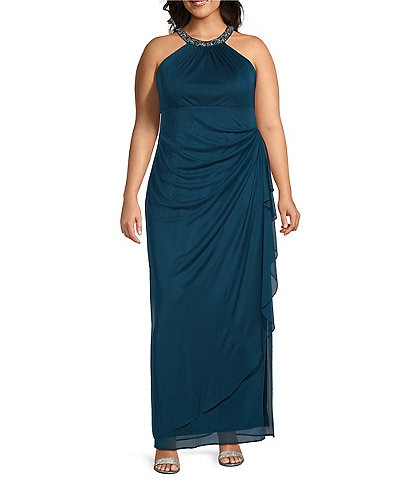 Alex Evenings Plus Size Sleeveless Beaded Halter Neck Cascade Ruffle Gown