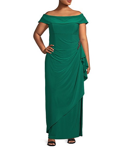 Alex Evenings Plus Size Sleeveless Off-The-Shoulder Fold Over Cuff Side Slit Gown