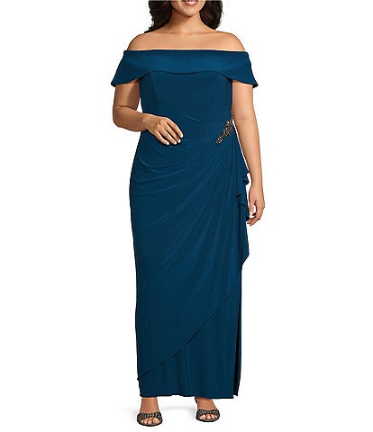 Alex Evenings Plus Size Sleeveless Off-The-Shoulder Fold Over Cuff Side Slit Gown