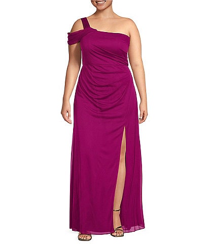 Alex Evenings Plus Size Sleeveless One Cold Shoulder Sleeveless Front Slit Mesh Ruched Back Detail A-Line Gown