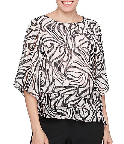 Alex Evenings Printed Boat Neck 3/4 Sleeve Asymmetric Hem Blouse