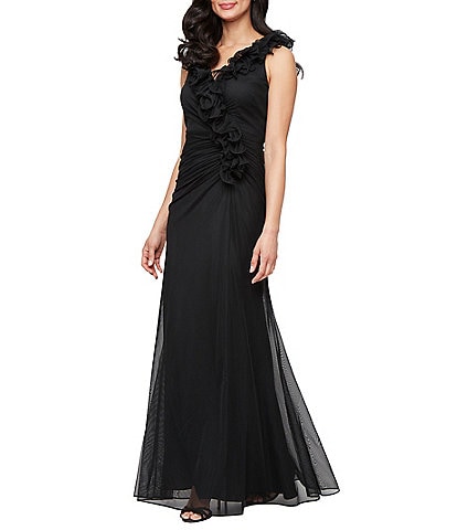 Alex Evenings Ruffled V-Neck Ruffle Sleeveless Ruched Mesh Mermaid Gown