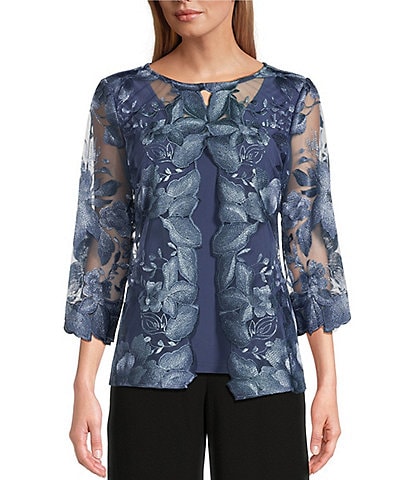 Alex Evenings Crew Neck 3/4 Sleeve Floral Embroidered Twinset