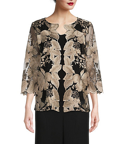 Alex Evenings Crew Neck 3/4 Sleeve Floral Embroidered Twinset