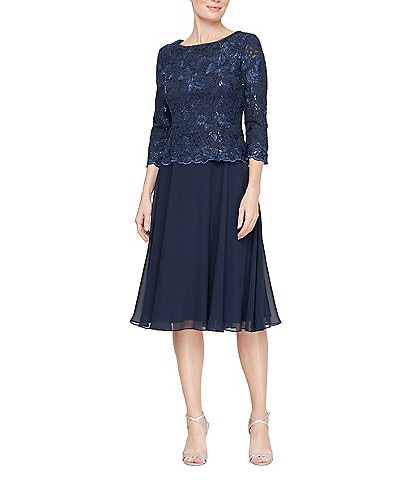 Alex Evenings Scoop Neck 3/4 Sleeve Sequin Lace Bodice A Line Midi Dress
