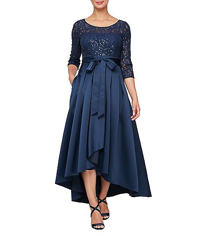 Alex Evenings Sequin Lace Satin 3/4 Sleeve Jewel Neck High-Low Gown