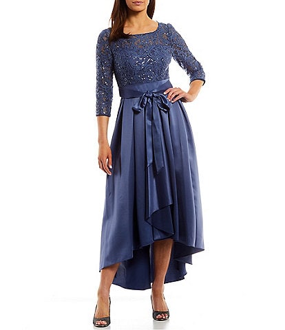 Alex Evenings Sequin Lace and Satin 3/4 Sleeve Round Neck High-Low Gown