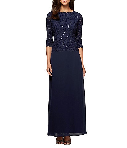 Alex Evenings 3/4 Sleeve Sequined Lace Crew Neck Scalloped Bodice Chiffon Skirted Gown