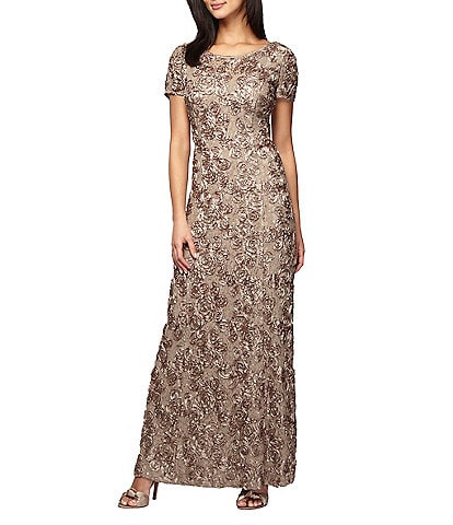 Alex Evenings Sequined Floral Lace Ribbon Rosette Round Neck Short Sleeve Gown