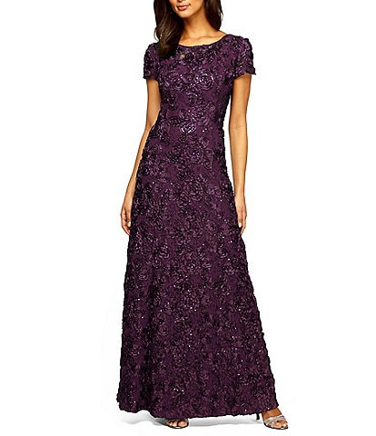 Alex Evenings Sequined Lace Rosette Rose Round Neck Short Sleeve Gown