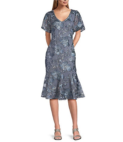 Alex Evenings Short Flutter Sleeve Embroidered Tulle Fit And Flare Midi Dress