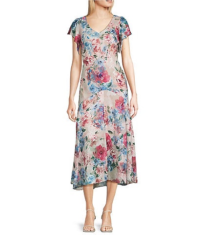 Alex Evenings Short Flutter Sleeve V-Neck Floral Drop Waist Midi Dress