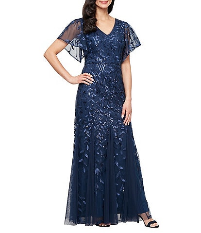 Alex Evenings Short Sleeve V-Neck Embroidered Stretch Tulle Dress