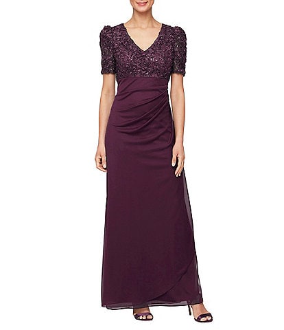 Alex Evenings Short Sleeve V-Neck Soutache Bodice Cascade Ruddle Dress