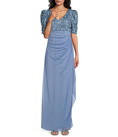 Alex Evenings Short Sleeve V-Neck Soutache Bodice Cascade Ruddle Dress