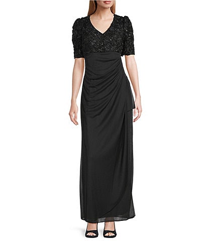 Alex Evenings Short Sleeve V-Neck Soutache Bodice Cascade Ruddle Dress