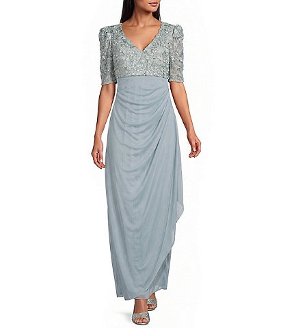Alex Evenings Short Sleeve V-Neck Soutache Bodice Cascade Ruddle Dress