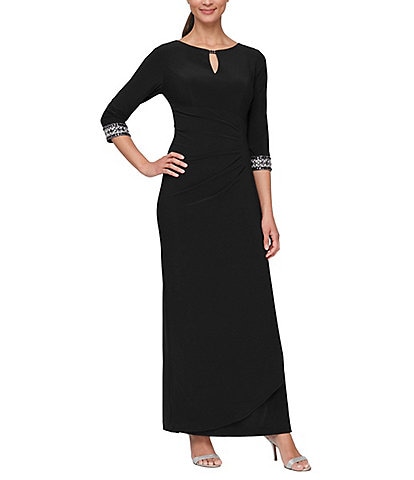 Alex Evenings Side Ruched Cascade Slit Keyhole Neck 3/4 Sleeve Embellished Cuff Gown