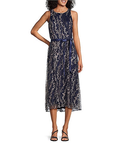 Alex Evenings Sleeveless Crew Neck Tie Waist Embroidered Fit and Flare Midi Dress