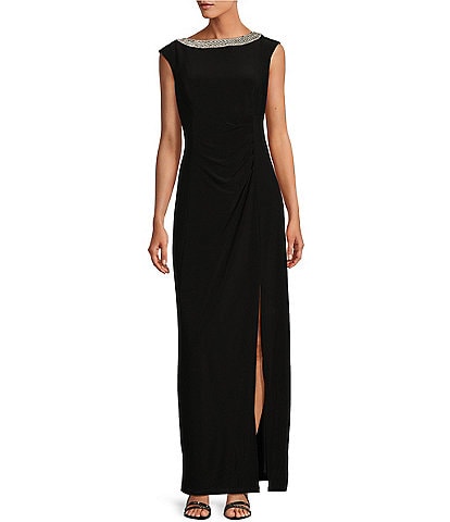 Alex Evenings Sleeveless Embellished Crew Neck Front Slit Gown