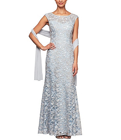 Alex Evenings Sleeveless Illusion Crew Neck Shawl Embroidered Gown