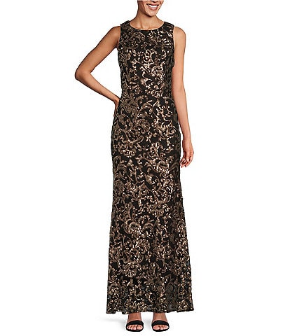 Alex Evenings Sleeveless Illusion Scoop Neck Sequin Fit And Flare Maxi Dress